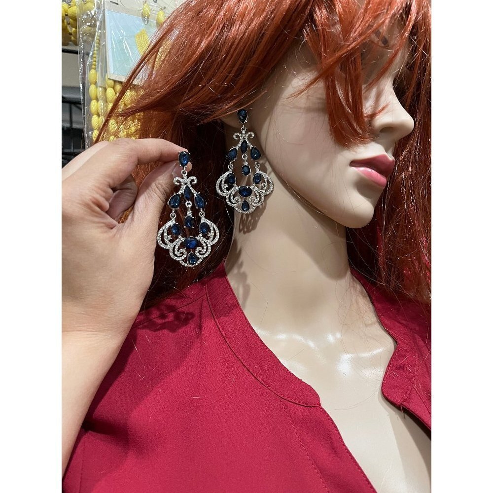 navy blue earrings , large navy silver chandelier dark blue wedding big crystal